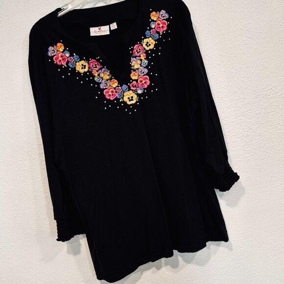 Quacker Factory by Jeanne Bice Size XL Top Black Embellished Embroidered Stretch - Picture 10 of 13